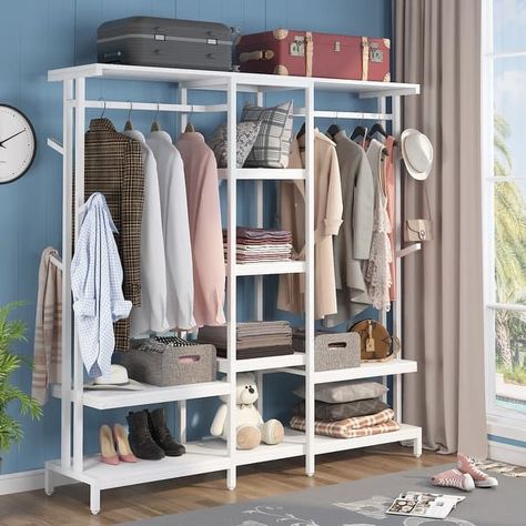 Extra Large Closet Organizer with Hooks Clothes Rack with Shelves and hanging Rod - Overstock - 32465425 Feature Tree, Closet Units, Standing Closet, Handbag Scarf, Closet Storage Systems, Industrial Clothing, Free Standing Closet, Closet Clothes, Closet Rack