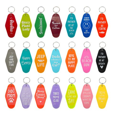 PRICES MAY VARY. 100% Acrylic 进口 Pull On closure DIY Retro Inspired Motel Keychains - One side is designed with text and the other side is blank,included 21pcs different color different design patten of DIY sublimation motel keychains boards;Add a pop of color to your keys and/or handbag!Make your own fun retro motel-style keychains!We provide an abundant of motel keychains blank for you to use and share with friends. Sublimation Keychain Blanks - This key tag is made of retro plastic,which are Keychain Ideas For Friends, Key Tags Ideas Diy, Hotel Key Chains Diy, Motel Keychain Diy, Hotel Keychain Ideas, Hotel Keychain Design, Sublimation Keychain Ideas, Motel Keychain Ideas, Keychain Sayings