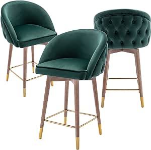 Guyou 26” Swivel Velvet Counter Height Bar Stool Set of 3, Upholstered Counter Stools Tufted Back Kitchen Island Chairs with Wood Legs and Gold Footrest for Pub Home Bar Dining Room (Green) Velvet Counter Stools, Dining Room Black, Back Kitchen, Bar Dining Room, Green Dining Room, Island Chairs, Room Green, High Chairs, Black Dining Room