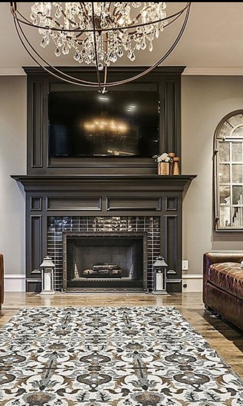 Formal Fireplace Makeover, Dark Marble Fireplace Surround, Awesome Living Rooms, Wood Fireplace Wall Ideas, Dark Mantle Fireplace, Fireplace Mantle With Tv, Indoor Fireplace Ideas, Traditional Fireplace Ideas, Traditional Fireplace Mantle