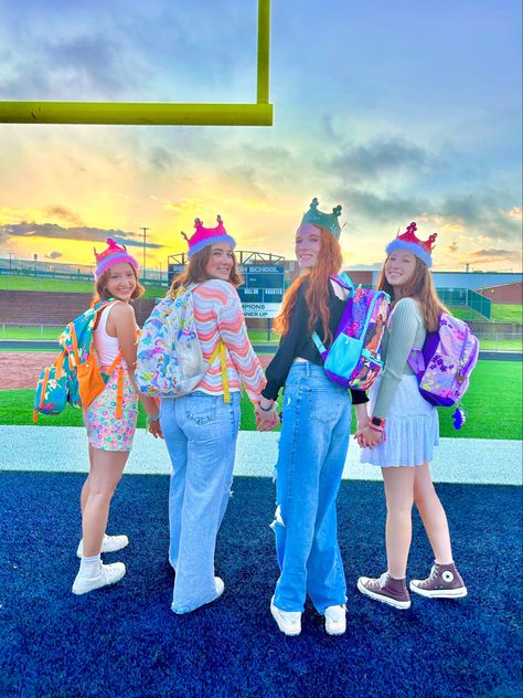 senior, seniors, senior aesthetic, highschool seniors, senior traditions, highschool traditions, senior sunrise, senior sunrise aesthetic, senior sunset, senior sunset aesthetic, senior crowns, senior crown inspo, senior overalls, kid backpack aesthetic, senior kid backpacks, highschool aesthetic Senior Backpacks, Senior Year, Kids Backpacks