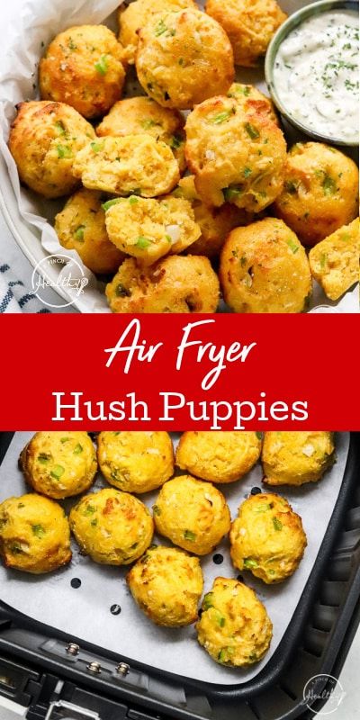 Air Fryer Hush Puppies (side or appetizer) Hushpuppy Recipes Air Fryer, Air Fryer Zucchini Hush Puppies, Frozen Hush Puppies In Air Fryer, Cajun Air Fryer Recipes, Hush Puppies Recipe Air Fryer, Air Fryer Hush Puppies Recipe, Hush Puppies Air Fryer, Air Fryer Sides Dishes, Hush Puppies Recipe Easy