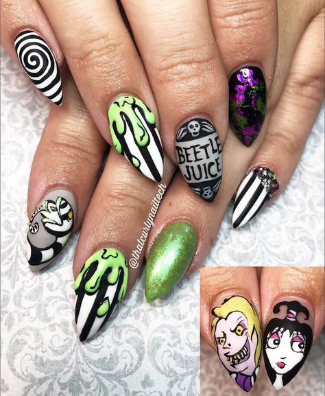 Zombie Nails Halloween, Horror Nails Designs, Halloween Character Nails, Beetlejuice Nails Acrylic, Alien Nails Design, Beetlejuice Nail Art, Beetle Juice Nails, Beetlejuice Nails, Halloween Toes