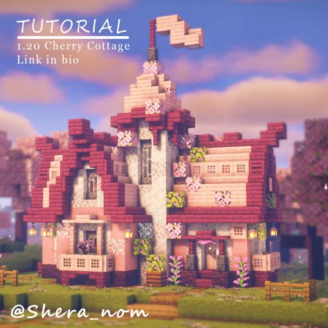 Crimson Plank House Minecraft, Big Pink Minecraft House, Princess Peach Castle Minecraft, Crimson Minecraft House, Pink Minecraft Cottage, Minecraft Cherry Blossom House Tutorial, Cherry Blossom Cottage Minecraft, Fun Things To Build In Minecraft, Minecraft Fairy Cottage