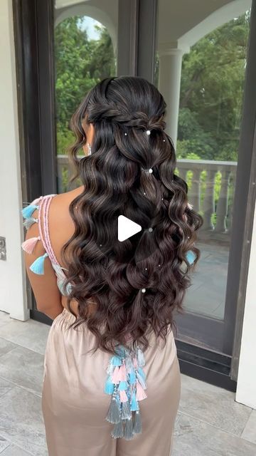 Christina on Instagram: "Bridal wavy Half up down with a twist braid  on this gorgeous Bride. 🤍 Hairstylist: Me @amazingkreations  Makeup: Bri @surrealbeautytx . reemamaknojia  Dress Designer: @anishamomin_luxuryclothing  . . .  . .  .  . . . . . . . . .  . . . . . . . #bridal #trending #bride #bridalstyle #bridesmaids #trendingreels #bridalhair #textureupdo #weddinghair #weddingdayinspo #fyp #weddingday #texturedpony #amazingkreations #sugarlanhairstylist #indianwedding #pakistaniwedding #engagement #mehndi #amazingkreations #sugarlandhairstylist #houstonstylist #htx #professionalhairstylist #hairstyles #kenraprofessional #texturedponytail #weddings #braids #paulmitchellpro #houstonhairstylist" Indian Hair Styles For Weddings, Mehndi Braids Hairstyles, Braided Hairstyles For Bride, Sangeet Hairstyles Bridesmaid Hair, Mehndi Hairstyles Bridesmaid, Hairstyles For Engagement Bride, Mehendi Hairstyles Brides, Mehndi Hairstyles For Bride, Sangeet Hairstyles For Bride