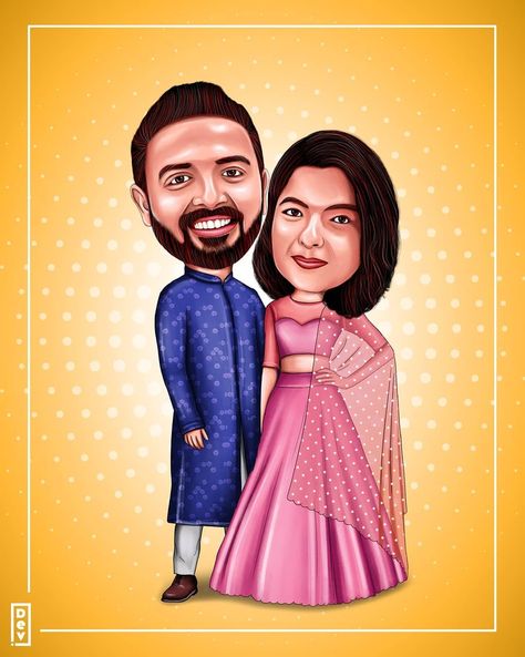 Couple Caricature Ideas, Indian Engagement Caricature, Hindu Wedding Caricature, Indian Wedding Caricature, Engagement Caricature, Caricature Photo, Caricature Design, Invites Design, Couples Candid Photography