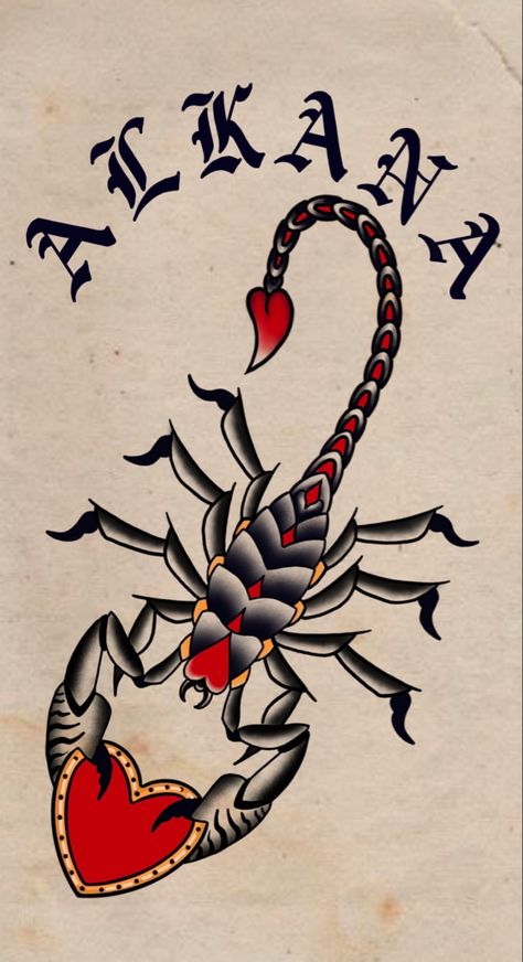 American Traditional Scorpion Tattoo Design, Scorpion Tattoo American Trad, Scorpion Tattoo Design Traditional, Trad Scorpion Design, Heart Scorpion Tattoo Traditional, Scorpion Neotraditional Tattoo, Scorpion American Traditional Tattoo, Traditional Tattoo Scorpion, Old School Scorpion Tattoo