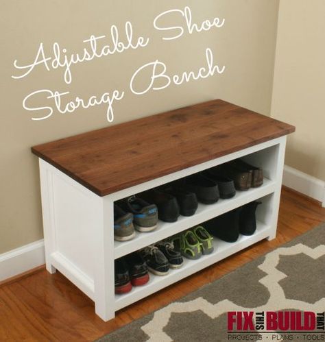 Make this Adjustable Shoe Storage Bench with FREE plans from FixThisBuildThat.com. Diy Bank, Diy Shoe Storage, Diy Storage Bench, Shoe Storage Bench, Diy Bench, Bench With Shoe Storage, Woodworking Bench, Stylish Storage, Closet Storage