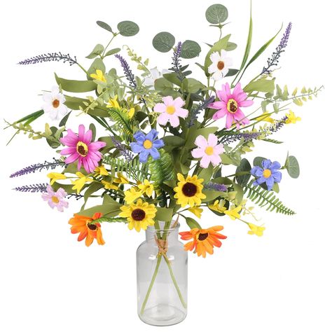 PRICES MAY VARY. Whimsical colors: This gerber daisy artificial flowers bouquet mixes elegant blues, purples, pinks, yellows, and oranges with bright green accents for any occasion that calls for colorful flowers that instantly brighten the room. Flower Variety: This beautiful wildflower arrangement features daisies and sunflowers, with spring flowers, Persian fern, eucalyptus leaves, lavender, and willow leaves as accents that come to life and look great alone in a vase or with other floral arrangements. Product Information: The package contains two bunches of faux summer flowers, each bunch contains four types of silk flowers and six types of green leaves, the length of 20 inches / 51 cm, the stem can be bent and adjusted, after receiving the goods, we recommend that you fully unfold the Wildflowers Bouquet, Daisy Bouquet, Flowers Colorful, Willow Leaf, Wedding Party Decor, Gerber Daisies, Artificial Flower Bouquet, Wildflower Bouquet, Office Christmas Decorations