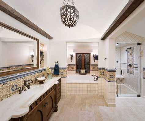 Mexican Bathroom Ideas Spanish Style, Spanish Bathroom Hacienda Style, Hacienda Style Bathroom, Spanish Ranch Style Homes, Hacienda Bathroom, Spanish Style Bathrooms Mexico, Hacienda Style Kitchen, Spanish Bedroom, Style Hacienda