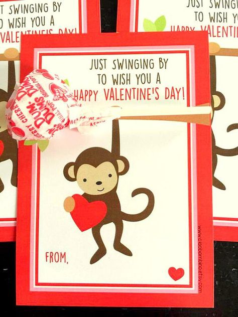 PRINTABLE Monkey Valentine's Day Card for Lollipops / Monkey Valentine Cards, Monkey Valentine, Monkey Girl, Lollipop Sticks, Cute Monkey, Valentine's Day Cards, Valentines For Boys, Valentine Card, Valentine Crafts