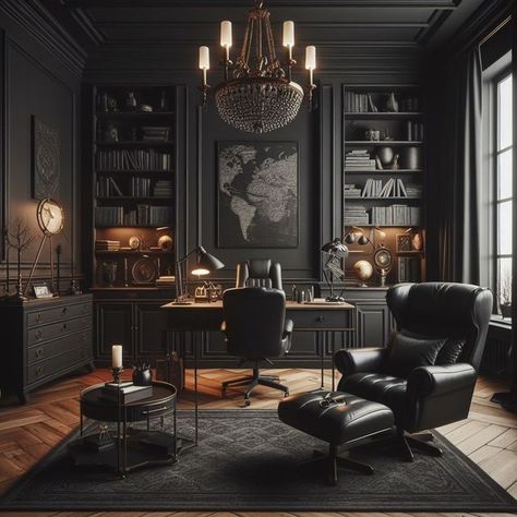 Small Home Office For Two, Dark Home Office, Executive Desk Office, Dark Masculine, Home Office Dark, Executive Office Design, Youtube Background, Masculine Interior, Statement Chandelier