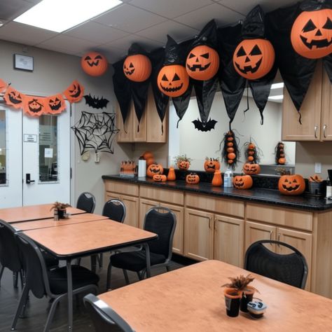 workplace halloween decorating ideas Halloween Decorations At Work, Work Halloween Decorating Contest, Break Room Halloween Decorations, Halloween Decoration For Office, Halloween Lobby Decorations, Halloween Theme For Office, Diy Office Halloween Decor, Medical Office Halloween Decorations, Halloween Decorations Office Ideas