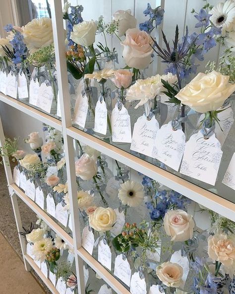 Wedding Place Card Display, Placecards Wedding Table, Place Card Display, Flower Place Cards, Wedding Seating Chart Display, Bridgerton Wedding, Place Card Table Wedding, Card Displays, Wedding Rental