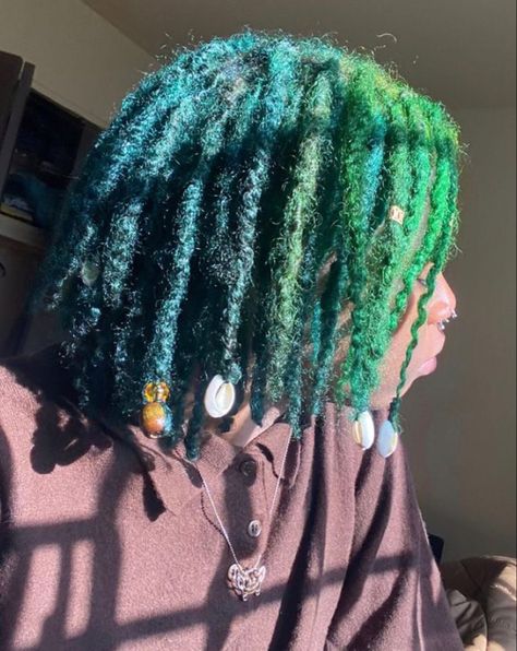 Green And Blue Locs Black Women, Blue And Green Dyed Hair, Locs Hairstyles For Women Color, Blue And Green Locs, Colorful Locs Black Women, Dark Green Locs, Blue Locs Black Women, Green Natural Hair, Dyed Locs Black Women