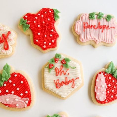 Buttercream Baby Shower Cookies, Buttercream Cookies Decorated, Buttercream Cookies, Buttercream Frosting Cookies, Strawberry Sugar Cookies, Strawberry Shortcake Birthday, Strawberry Baby, Cookie Company, Flavored Butter