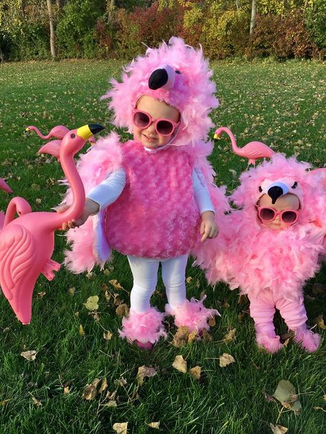 Flamingo Costumes For Kids, Twin Halloween Costumes For Babies Girls, Flamingo Baby Costume, Big Sister Little Sister Halloween Ideas, Flamingo Family Costume, First Halloween Costumes Girl, Toddler Sister Costumes, Little Sister Halloween Costumes, 1 Year Halloween Costume Girl