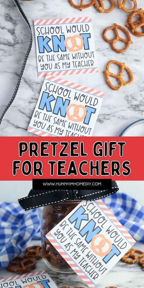 If you're looking for the best gifts for teachers, why not give a delicious snack? Any educator would love to receive this pretzel gift idea for Teacher Appreciation Day or the end of the school year. Grab your free printable tag and whip up this easy no bake gift to create this delicious mason jar present for your kid's teacher some love this year. Pretzel Gift Tag, Salty Snack Teacher Appreciation, Snack Appreciation Ideas, Teacher Appreciation Pretzels, Free Teacher Appreciation Ideas, Teacher Snack Ideas, Snacks For Teachers, Teacher Appreciation Snacks, Teacher Appreciation Treats