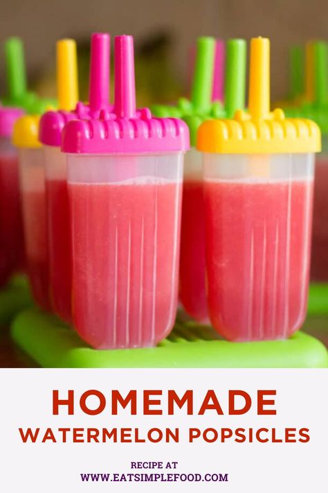 This easy homemade watermelon popsicle recipe has one ingredient: watermelon. These healthy popsicles are literally just blended watermelon that is frozen in popsicle trays or molds.  There are no additional ingredients or flavors. This homemade watermelon popsicles recipe also has no sugar added. How To Make Watermelon Popsicles, Watermelon Freezer Pops, Homemade Watermelon Popsicles, Watermelon Popsicles Kids, Watermelon Popsicle Recipes, Frozen Watermelon Recipes, Diy Popsicle Recipes, Watermelon Freeze, Popsicle Flavors