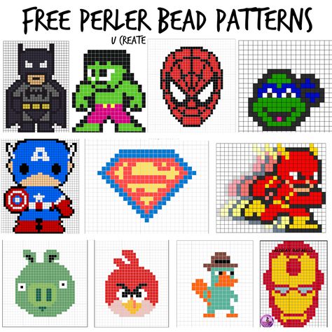 Free Perler Bead Patterns - boy themes! u-createcrafts.com Perler Beads Ideas, Art Perle, 8bit Art, Perler Bead Templates, Hama Bead, Motifs Perler, Hama Beads Patterns, Melty Beads, Pola Kristik