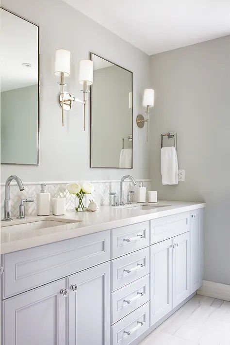 Bathroom Wall Sconces Double Vanity, Double Vanity Lighting Ideas, Bathroom Vanity Lighting Sconces, Bathroom Sconces Double Vanity, Sconces In Bathroom, Bathroom With Double Sink, Light Grey Bathroom, Master Bath Sconces, White Double Sink Bathroom Vanity