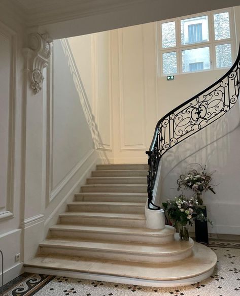 2 Staircase Entrance, French Spiral Staircase, Pretty Staircases, Country House Stairs, Fancy Staircases, Arched Staircase, French Stairs, Dream House Staircase, Pretty Stairs