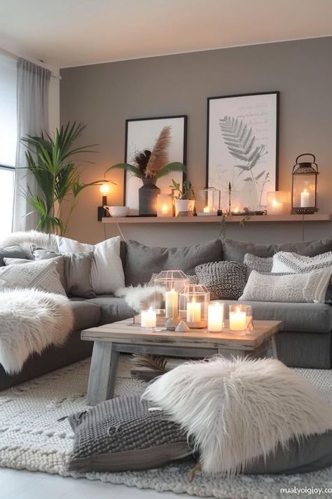 Modern Yet Cozy Living Room, Living Room Wall Over Couch, Aesthetic Grey Living Room, Living Room Wall Color Grey Couch, Grieve Living Room, Living Room Ideas White Floor, Home Decor Ideas Grey Walls, Gray Walls Home Decor, Grey Corner Sofa Cushion Ideas