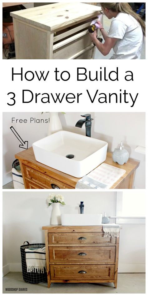 Farmhouse Powder Room Vanity, Sink For Powder Room, How To Build Your Own Bathroom Vanity, How To Build A Vanity Bathroom, How To Build Bathroom Vanity, Drawer Vanity Bathroom, Diy Vanity Sink Bathroom, Make Your Own Bathroom Vanity, Bathroom Vanity From Stock Cabinets