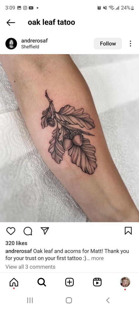 Oak Leaves And Acorns Tattoo, Oak Tree Leaves Tattoo, Oak Leaf And Acorn Drawing, Autumnal Tattoo Ideas, Oak Acorn Tattoo, Acorn Tattoo Design, Holly Bush Tattoo, Live Oak Tattoo, Acorn Tattoo Meaning