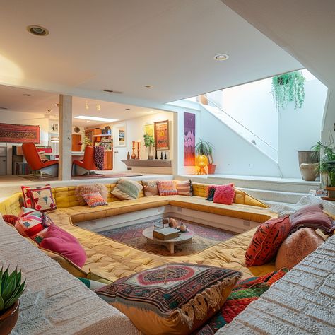 Sunken Living Room AKA Conversation Pits: What Are They And Where Are They Now? — Living Bright Interiors Build In Couch Living Room, Lived In Spaces, Couch Outside, Seating Pit Living Rooms, Conversation Living Room, Conversation Pit Small Living Room, 70s Living Room Furniture, Concept Living Room, Fun House Design