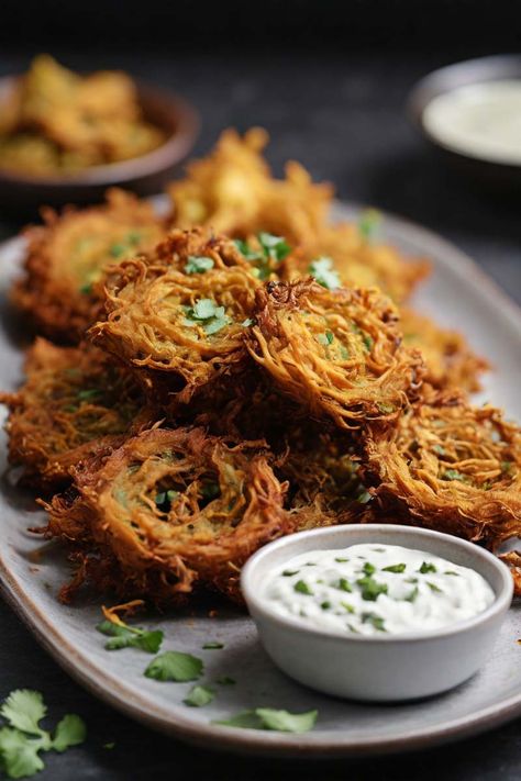 Air Fryer Onion Bhaji (Tasty Indian Snack) | KitGiz Onion Bhaji Recipes, Air Fryer Recipes Indian, Healthy Indian Snacks, Onion Bhaji, Cooking Onions, Veg Snacks, Indian Appetizers, Bhaji Recipe, Air Fry Recipes