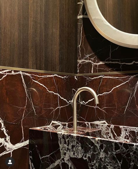 Marvel Bathroom, Marble Washbasins, Burgundy Bathroom, Burgundy Decor, Paris House, Marble Bathroom Floor, Brighton Houses, Furniture Details Design, Shaped Mirror