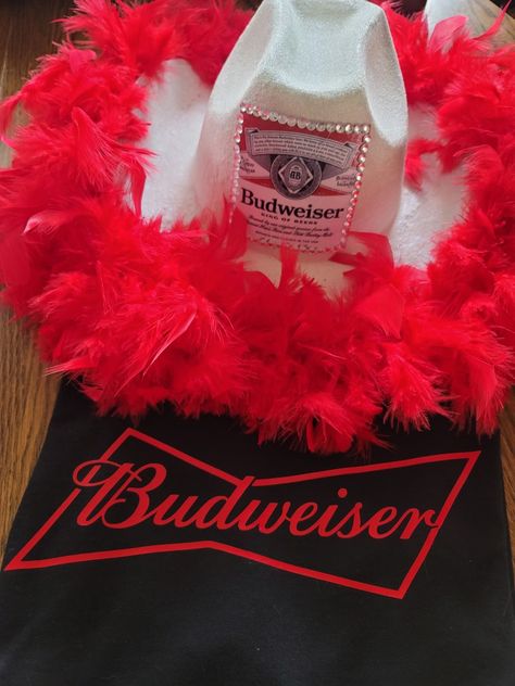 Budweiser Cowboy Hat, Liquor Themed Cowgirl Hats, Cowboy Hats Decorated Like Alcohol, Alcoholic Drink Cowboy Hats, Diy Alcohol Hats, Liquor Cowboy Hats, Liquor Themed Cowboy Hats Diy, Drink Costumes Alcoholic, Decorated Cowboy Hats Diy