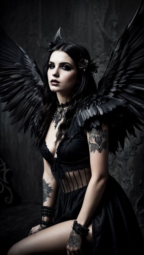 A fallen angel with sullen expression for tattoo aesthetic and inspiration. Fallen Angel Costume Ideas, Fallen Angel Wallpaper, Fallen Angel Halloween, Dark Angel Makeup, Fallen Angel Aesthetic, Morrigan Cosplay, Dark Angel Costume, A Fallen Angel, Angel Halloween Costumes