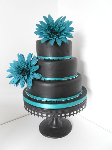 black and teal wedding cake by Pagancakegirl, via Flickr Black And Teal Wedding Cake, Teal And Black Wedding Ideas, Teal Wedding Cakes, Teal And Black Wedding, Teal Wedding Ideas, Dark Teal Wedding, Wedding Cake Dark, Dark Teal Weddings, Wedding Cake Simple