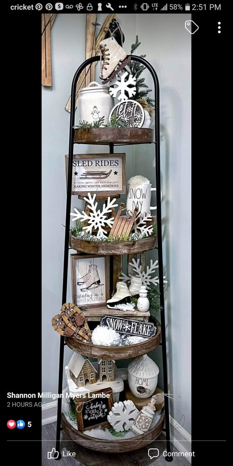 Four Tier Wood Shelf, Tiered Shelf Christmas Decor, Christmas Decor Ideas Hobby Lobby, Hobby Lobby Tall Tiered Tray, Christmas Decor On Coffee Table, Christmas Ladder Shelf Decor, 5 Tier Shelf Decor, Hobby Lobby Tiered Shelf Decor, January Tiered Tray Decor