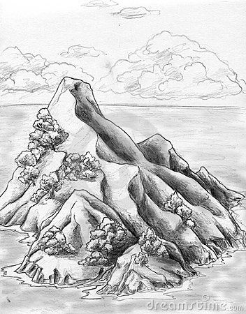 Lonely uninhabited island (possibly - tresure island) in the sea. Pencil drawing, sketch Island Drawing Aesthetic, Sea Pencil Drawing, Island Sketch, Holly Painting, Tresure Island, Island Drawing, Bio Project, Landscape Island, Nature Sketches