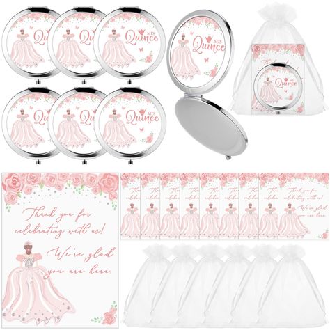 PRICES MAY VARY. Quinceanera Party Favor Set: the package includes 24 pink, Mis Quince compact mirrors, along with 24 thank you cards, and an abundance of organza bags; The charming pink hue matches ideally with the theme of youthful and fun 15 and 16 year old Quinceanera parties making it the exceptional gift for the special occasion Suitable Size: each compact mirror measures about 2.76 inches/7 cm in diameter, an apt size for carrying in hand or storing in a bag without any hassle; The cards Quinceanera Thank You Gifts, Quinceanera Mirror Invitations, Pink Quince Recuerdos, Quinceanera Recuerdos Blush Pink, Thank You Quinceanera Party Favors, Quinceanera Court, Quinceanera Party Favors, Pink Quince, Girl Birthday Party Favors