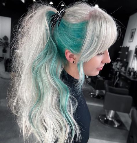 Blonde And Fashion Color Hair, Turquoise And Blonde Hair, Light Turquoise Hair, Blue Peekaboo Hair Blonde, Blonde With Blue Hair, Blonde With Peekaboo Color, Spring Hair Color Ideas For Blondes, Blonde Green Hair, Green And Blonde Hair