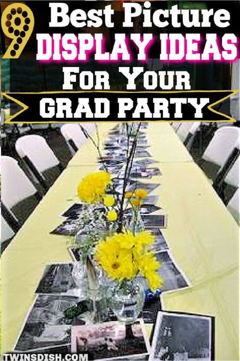 Best Graduation Party decor photo displays for high school and college. Cheap Diy dollar store ideas that look expensive to display photos for all Graduation Party themes and aethetic including backyard outdoor, elegant, rustic, boho flowers, luau, black and blue, and night time. #GraduationPartyDecorations #Graduate #Highschool #College Highschool Graduation Party Ideas Backyard, Centerpieces For Graduation Party Boy, Graduation Picture Table Display, Cheap Graduation Centerpieces, Graduation Decorations For Boys, Boys Graduation Centerpieces, Senior Table Ideas For Boys, Classy Grad Party, Graduation Centerpieces For Boys