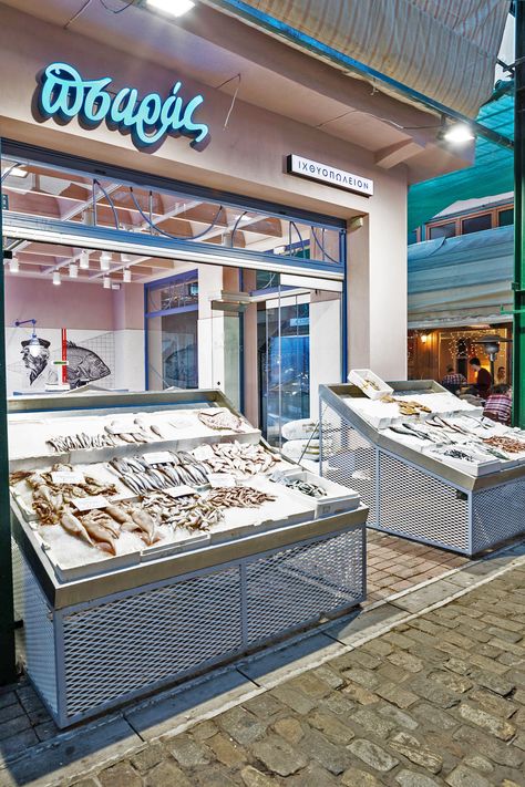 ΠΣ • ΠΣΑΡΑΣ-Fish Market • Fluo Architecture & Design Small Store Design, Seafood Store, Resturant Design, Fish Monger, Seafood Shop, Fish Stand, Modern Restaurant Design, Vastu House, Fish Shop