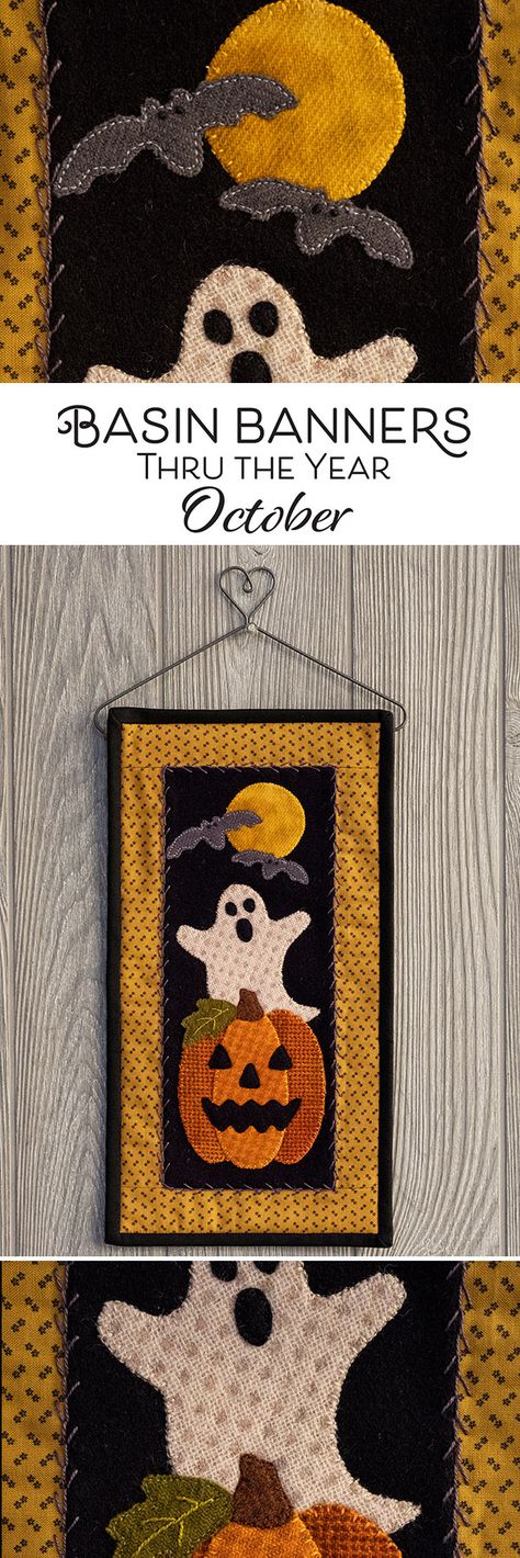 Spooky characters delight at the chance to cause a fright this Halloween night! The Basin Banner for October features beautifully colored and textured hand-dyed wool which will be the perfect addition to your Halloween decor! At 7½” x 14½“, this wall hanging is just the right size to display nearly anywhere! Halloween Quilt Wall Hanging Free Pattern, Halloween Wall Quilt, Autumn Wall Hanging Quilt, Halloween Quilted Wall Hangings, Halloween Wall Hangings, Halloween Wall Hanging, Spooky Characters, Halloween Sewing Projects, Fall Quilt Patterns