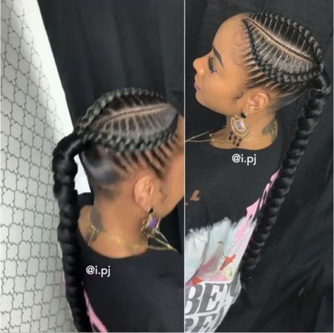 Stitch Braids With Ponytail Weave, Two Stitch Braids With Weave, Braided Ponytail Black Hair, Cornrow Ponytail Styles, Black Women Updo Hairstyles, Feed In Braids Ponytail, Braided Ponytails, 2023 Hairstyles, Cornrow Ponytail