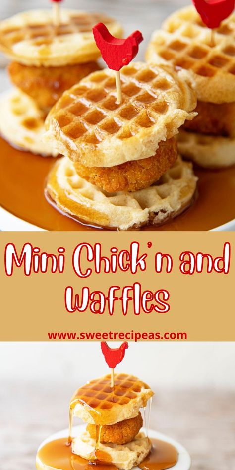 These Mini Chick’n and Waffles are super easy to make and are a fun appetizer to have at a party or brunch for your vegetarian friends. For more recipes follow me here on Pinterest. Mini Chicken Waffles, Mini Chicken And Waffles Brunch, Mini Chicken And Waffles Appetizers, Mini Chicken And Waffles, Chick Fa La, Waffle Sliders, Chicken N Waffles, Waffle Sandwich, At A Party