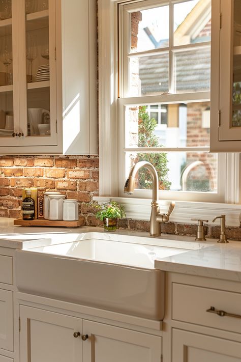 Get inspired by 40 farmhouse kitchen brick backsplash inspirations that bring authenticity and character to your culinary space. #KitchenInspirations #BrickBacksplash #FarmhouseAuthentic White And Brick Kitchen, Brick Vent Hood Kitchen, Farmhouse Kitchen Brick Backsplash, White Wash Brick Wall, Kitchen Brick Backsplash, Authentic Kitchen, Kitchen With Brick Wall, Flip Kitchen, Best Modular Homes