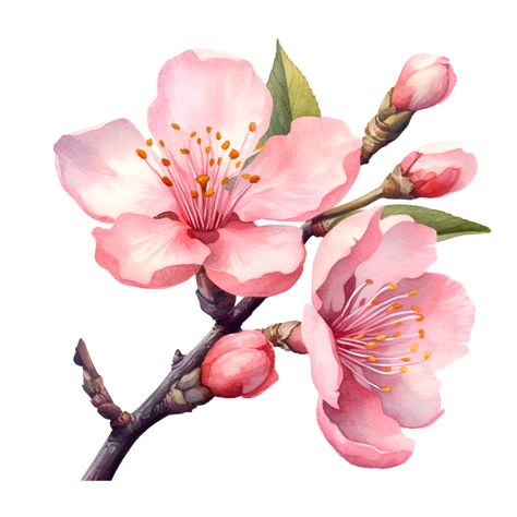 Cherry Blossom Flowers Watercolor Clipart AI Generated Cherry Blossom Botanical Illustration, Watercolor Flowers Tattoo, Cherry Blossom Flower Drawing, Cherry Blossom Clip Art, Cherry Blossom Leaves, Watercolor Art Flowers, Water Colour Flower, Cherry Blossom Illustration, Cherry Blossom Images