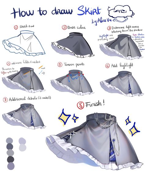 Draw Skirt, Rainbow Anime, Color Shading, Digital Painting Techniques, Digital Art Beginner, Drawing Anime Clothes, Concept Artist, Poses References, Digital Painting Tutorials