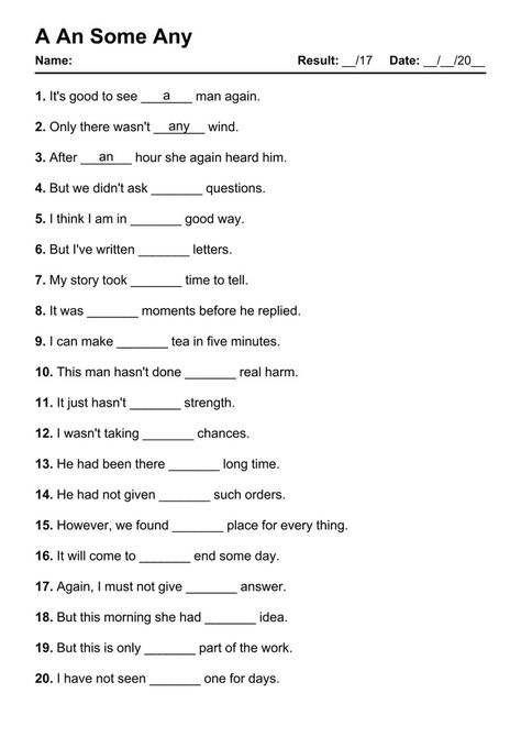 A An Some Any - Test 1 [17 Questions] A An Some Any Worksheet, Some Any Worksheet, Practice English Grammar, Some Any, English Grammar Pdf, Practice English, Teaching English Grammar, English Grammar Worksheets, Teach English