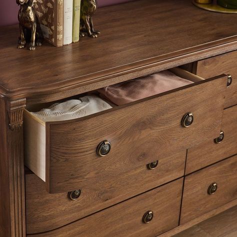 Chris Loves Julia 6-Drawer Dresser (56") | Pottery Barn Teen Transitional Dresser Decor, Amber Interiors Bedroom Dresser, Restaining Wood Dresser, Double Dresser In Bedroom, Stained Wood Dresser, Pottery Barn Bedroom Ideas, Amber Interiors Bedroom, Vintage Wood Dresser, Julia Marcum