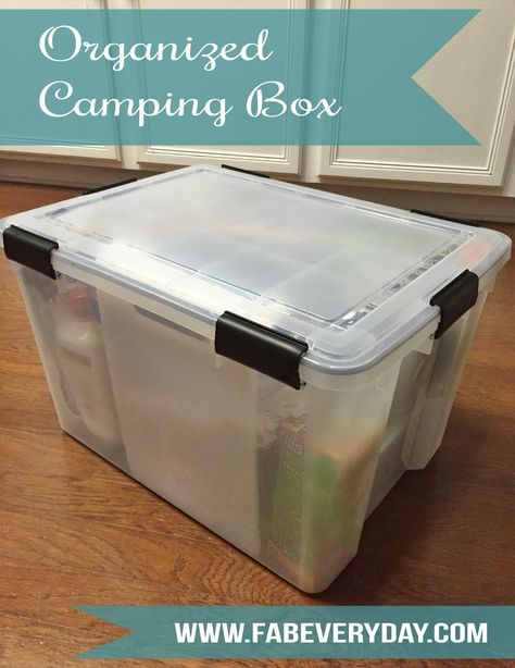 Travel Tuesday: Organized Camping Supplies Box.  Click or visit fabeveryday.com for this article on how to organize your essential camping supplies in a single box for easy storage and packing when you are ready to go out and adventure. Organized Camping, Camping Gear Storage, Camping Supply List, Camping Bedarf, Travel Tuesday, Camping Box, Spring Camping, Weekend Camping Trip, Camping Storage